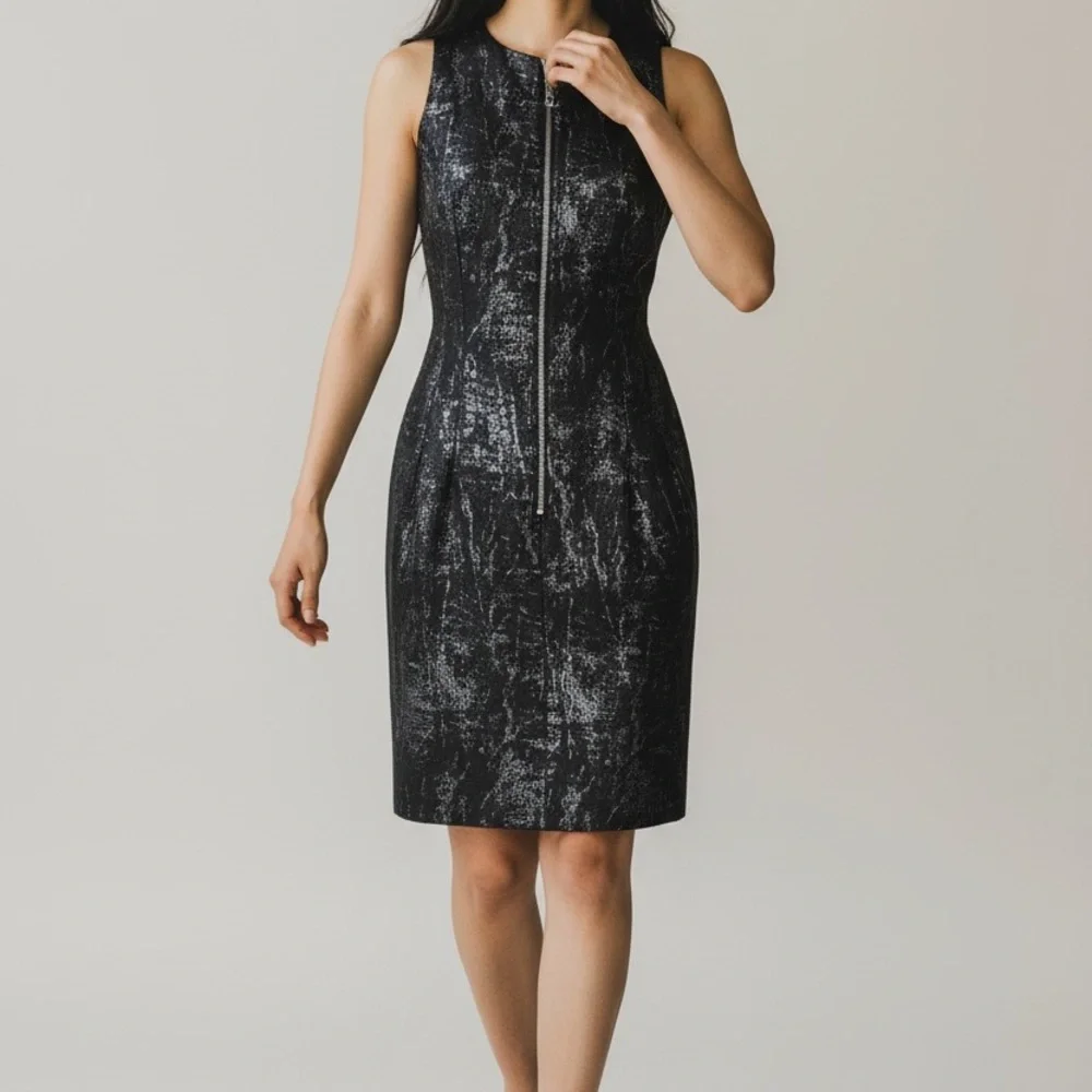 Michael Kors Silver Metallic Snake Zip-Front Sheath Black Dress Size 8 Corporate - Picture 1 of 7